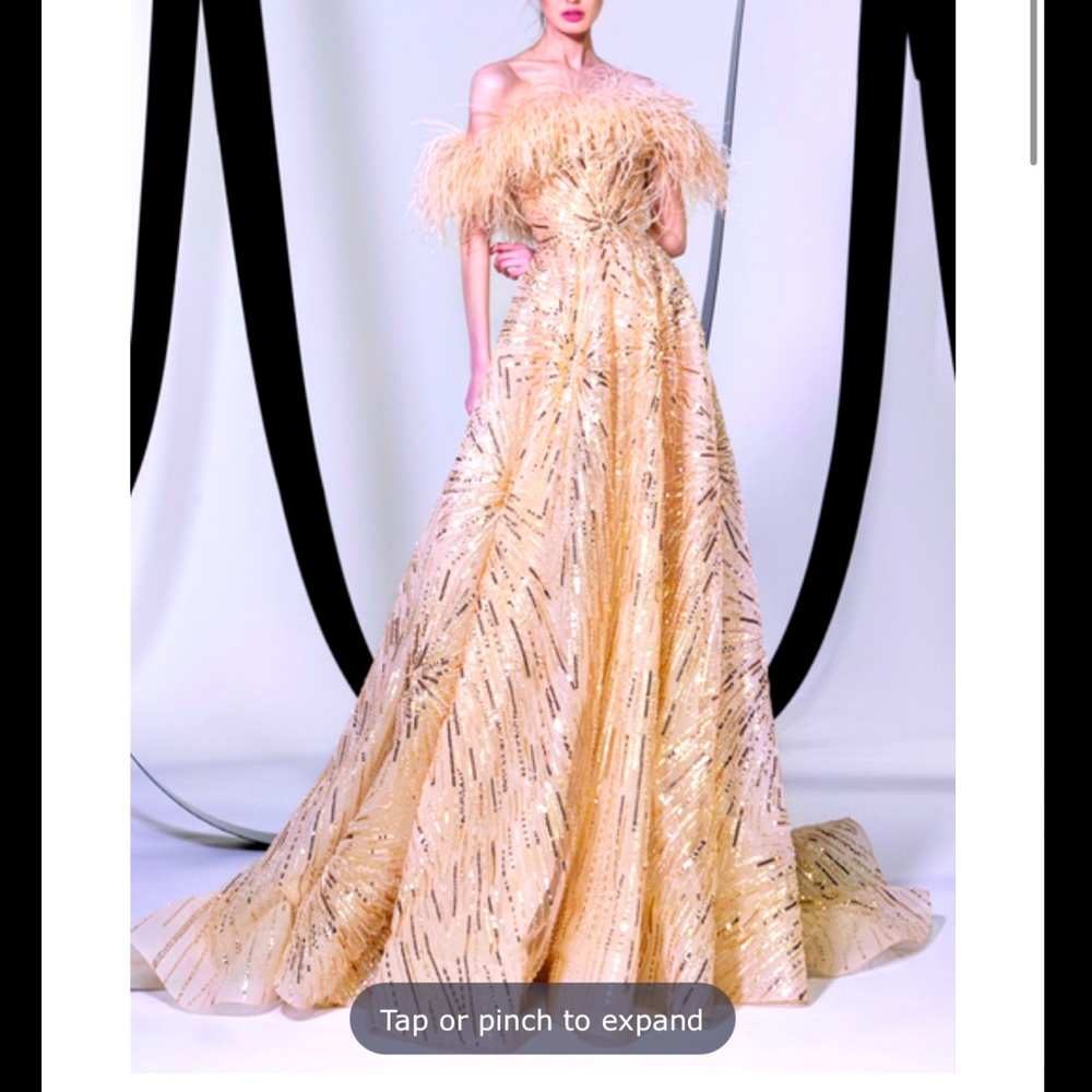 Tony Ward gold off shoulder feather gown